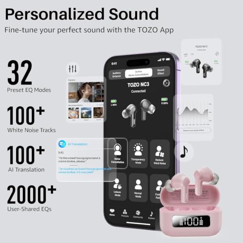 Image of TOZO Hybrid Active Noise Cancelling Wireless Earbuds 6 Mics AI Clear Call | 68H Playtime LED Display 32 Preset EQs App Bluetooth 5.3 IPX8 Waterproof Ear Buds