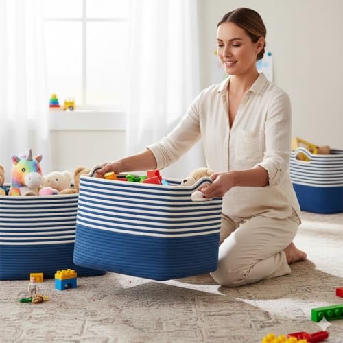 Image of Large Storage Basket, Woven Blanket Basket, Toy Basket with Handle, Laundry Hamper for Living Room, Nursery, Bedroom- 20x15x12 (LXWXH) (blue mix)