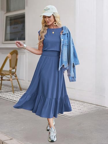 Image of Kikibell Womens Summer Dresses Cap Sleeve Elastic Waist Midi Dress with Pocket Long Causal Sundress Beach Vacation Outfits