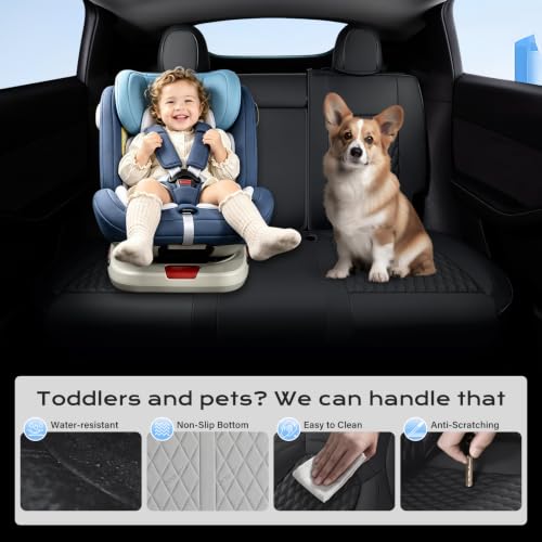 Image of Coverado Car Seat Covers for 2020-2026 Tesla Model Y, Waterproof Car Seat Covers Full Set 5 Seats, Leatherette Car Seat Covers Front Seats and Rear Back Custom for Tesla Model Y, Black