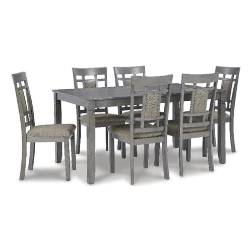 Image of Signature Design by Ashley Jayemyer Dining Table Set for 6 with Chairs, 7-Piece Configuration, Wood Construction with Cushioned Seats for Mid-Sized Kitchen and Dining Room Spaces, Charcoal Gray
