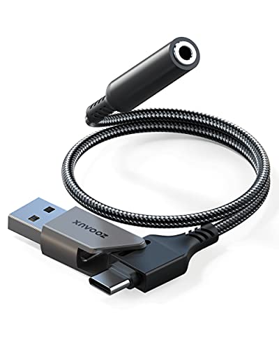 USB Type C to 3.5mm Female Headphone Jack Adapter,ZOOAUX 2-in-1 USB A/C to Aux Audio Dongle Cable Cord,External Stereo Sound Card for Headphone Mac PS4 PC Laptop,Samsung S22 S21 S20 Pixel 4 iPad Pro..