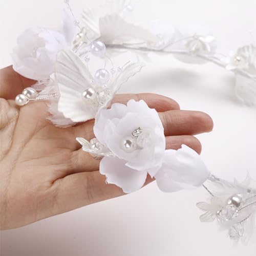 Image of Girls First Communion Veil White Floral Crown with Pearls Headpiece for Communion Day