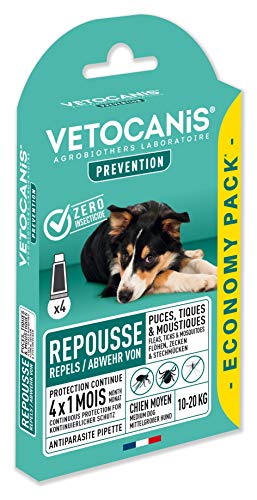 Vétocanis - 4 Pipettes Preventis Solution Répulsive Antiparasitaire - 4 Mois sans Tiques, Puces et Moustiques - Chien Moyen 10 à 20 kg - Margosa Répulsif Naturel Cover