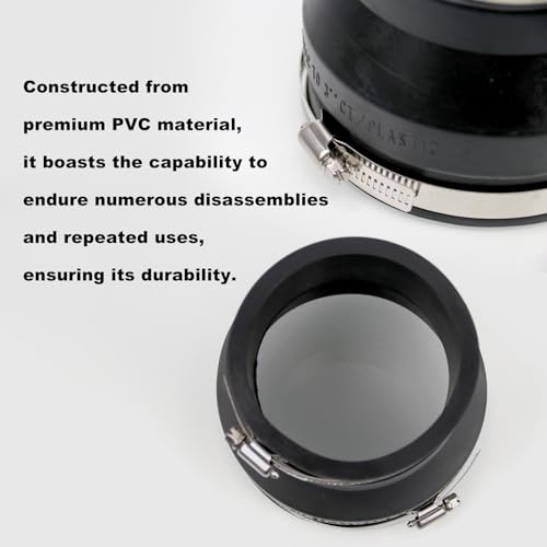 Image of RULLINE 4 inch to 3 inch Inch Black PVC Reducer Coupler with 2pcs Clamps RV Plumbing Fittings PVC Pipe Coupler Adapter RV Sewer Connection