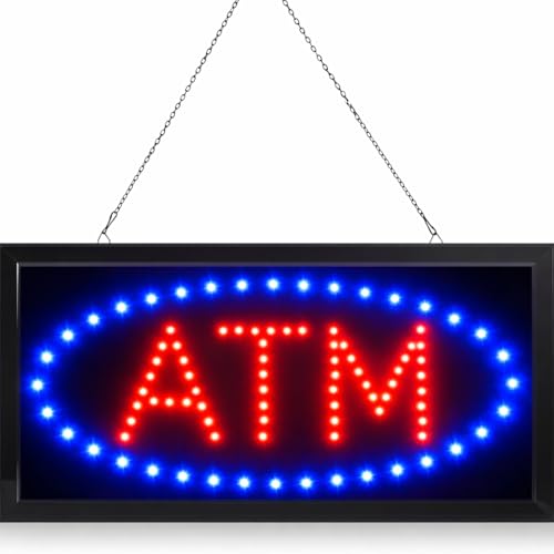LED Neon ATM Open Sign with Animation 19x10 Inch Bright Light Up Window Sign for Stores Gas Stations and Retail 110/210V Energy Efficient Hanging Chain Included