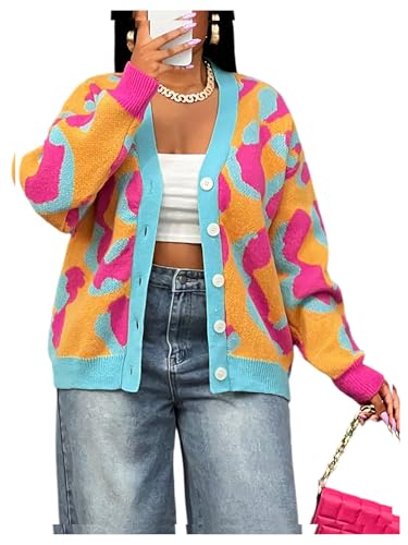 Women's Y2k Button Down Cardigan Sweaters Colorblock Crew Neck Long Sleeve Knit Outerwear