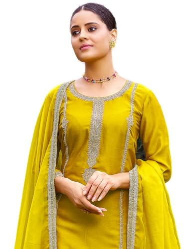 Image of INDO ERA Women's Silk Blend Embroidered Straight Kurta and Pant with Dupatta Set (KH9BK6210)