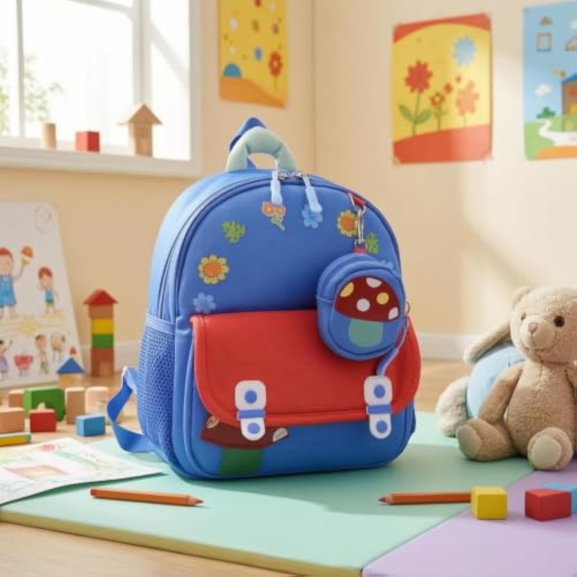 Flower Print Kids School Backpack with Detachable Pouch