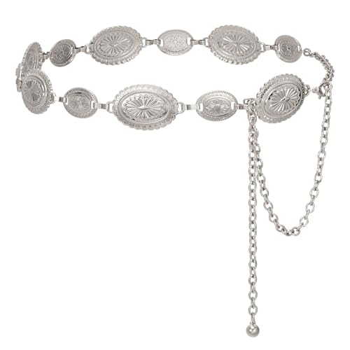 WERFORU Western Chain Belt for Women Metal Chain Belt Metal Concho,A-silver,Fit Waist Size 39