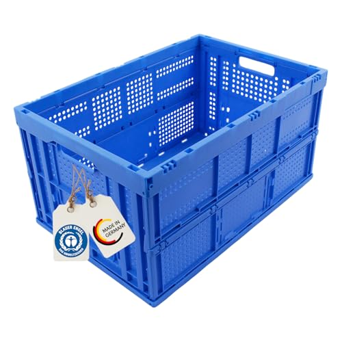 DieKlappbox - Klappbox faltbar stabil, Einkaufsbox klappbar, Transportbox 60L groß, Made in Germany, TÜV, verstärkter Boden, 60x40x32 cm, Blau