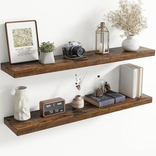 Image of 48 Inch Floating Shelves for Wall, 8 Inch Deep Floating Shelf for Storage & Display, Wall Mounted Shelf with Invisible Brackets for Living Room, Kitchen, Bathroom, Home Decor, Set of 2, Rustic Brown
