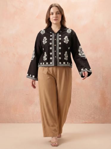 Image of Bee M Pee Designer Women's Embroidered Korean Crop Shirt | Full Bell Sleeves Western Tops for Woman Stylish | Oversized Formal /Casual /Office Wear Cotton Shirts Top for Women
