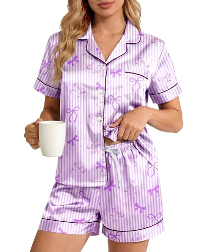 BiueLetter Womens Satin Silk Pajamas Set Soft Loungewear Pjs 2 Piece Button Down Short Sleeve Notch Collar Sleepwear