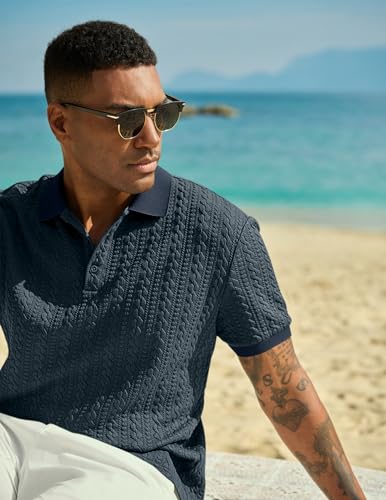 Image of JMIERR Men's Casual Polo Shirt Knitted Textured Short Sleeve Stretch Golf Shirt Summer Vacation Beach Collared Shirts