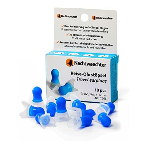 Nachtwaechter Travel Ear Plugs for Sleeping Pack of 10 - Ear Plugs 32 dB Silicone for Quiet Sleep When Travelling - Aeroplane Ear Plugs for Better Pressure Equalisation Cover