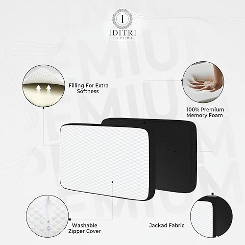 Image of Orthopedic Memory Foam Pillow Set of 2, 50x30x6 cm Shredded Core for Neck Support, White /Black Breathable Fabric, Aligned Spine Bedding for Back and Stomach Sleepers