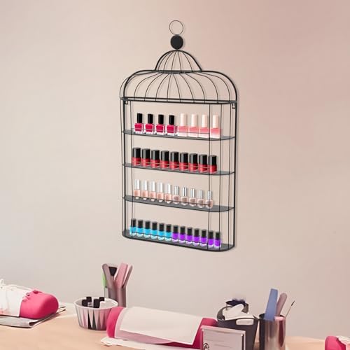 YSLoccbac Wall Mounted Nail Polish Storage Rack 4 Tier Organizer with Birdcage Design for Cosmetics and Skincare Products in Black