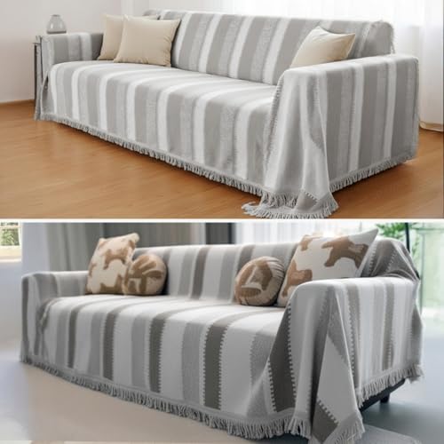 Image of The Furnishing Tree Reversible Double Sided Chenille Throw Sofa Cover, Anti-Slip Couch Cover, Comfy Sofa Towel for All Seasons, 3 Seater, Striped Pattern Cream and Grey
