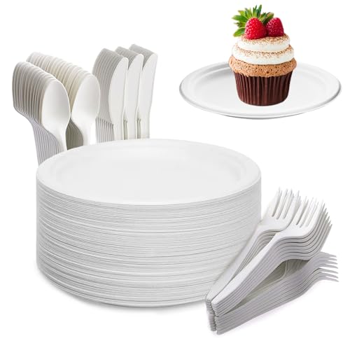 Yidaxing - Juego de 200 platos desechables, ecológicos, caña de azúcar, biodegradables, plato tenedores, cuchillos y cucharas para fiestas, acampadas y picnics, color blanco