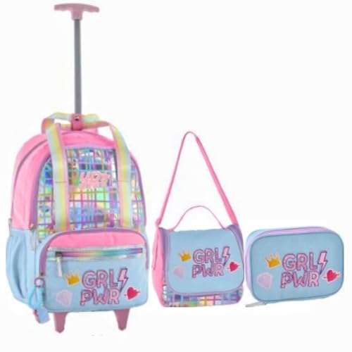 Kit Mochila de Carrinho Holográfica Girl Power Escolar Juvenil Feminino Escolar 2026 (AZUL)
