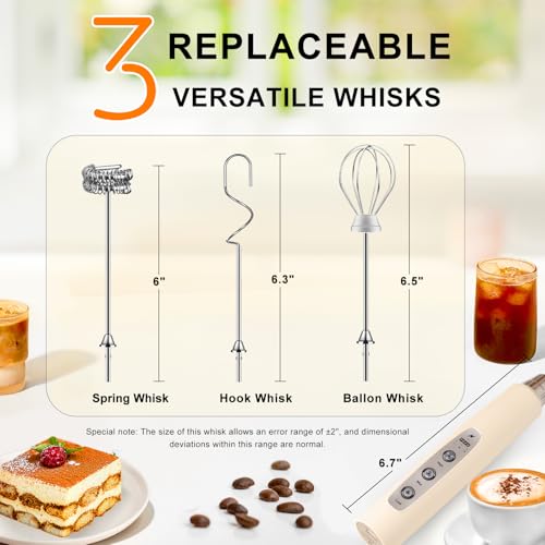 Image of YUSWKO Beige Handheld Milk Frother Wand for Coffee, Rechargeable Electric Whisk with 3 Heads 3 Speeds Drink Mixer Coffee Frother For Latte, Cappuccino, Hot Chocolate, Egg