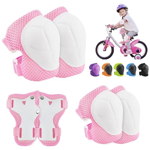 XZMCAT Protecciones Patines,Protecciones Skate NiñoProtecciones Patines Niño,Incluye Rodilleras Coderas y Muñequeras para Ciclismo Monopatín Patinaje y Otros Deportes(Rosa Blanco)