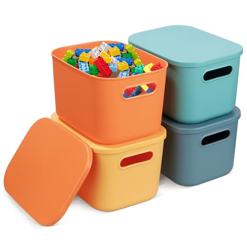 4 scatole colorate impilabili in plastica con coperchio, piccoli contenitori organizer per mensole, cestini portaoggetti con manico per cucina, armadio, ufficio, bagno, giocattoli, casa ordinata