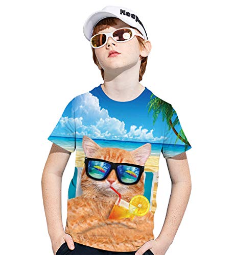 Loveternal Young Cat T Shirts For Boys Clothes Size 10 Neutral Summer Crazy Boy T-Shirts Kids Hawaiian Beach O-Neck Tropical Vacation Theme Party Tees For Kids Sky Blue Size 9-12 #TOP3