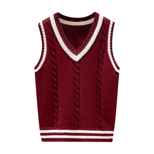 Kids School Uniform Vests Boys Girls Sleeveless Sweater Vest V Neck Cable Knitted Stripe Tank Tops (Wine, 7-8 Years)