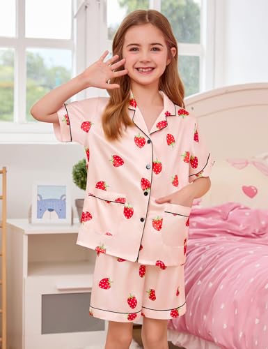 SWOMOG Little & Big Girls Satin Pajamas Set Silk Button Down Pjs Set 2 Pieces Short Sleeve Kids Strawberry Sleepwear 4-15Y2