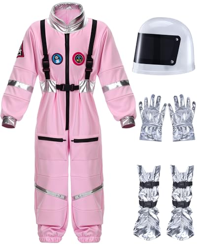 Cuffbow 4 Pcs Astronaut Costume Kids for Halloween, Space Helmet Jumpsuit Gloves Shoe Covers Set for Child Teen Boys