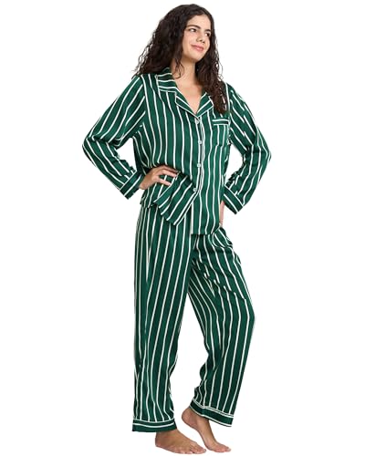 Image of YiNi LuLu Womens Silk Satin Pajamas Set Button Down 2 Piece Pjs Long Sleeve Oversized Sleepwear with Pockets