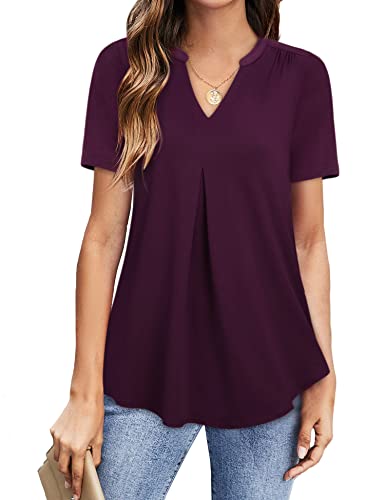 Youtalia Short Sleeve Tunic Blouses for Women, Juniors Work Shirts Elegant Business Casual Tops Ladies Fashion Pleated Blouses Casual V Neck Blouses Polyester Summer Shirts Burgundy X-Large
