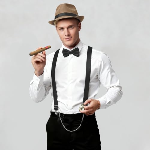 Image of BABEYOND 1920s Mens Gatsby Gangster Accessories Set Panama Hat Suspender Bow Tie