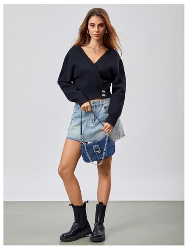 Image of WDIRARA Women's Wrap V Neck Sweater Button Front Long Sleeve Crop Knitted Top