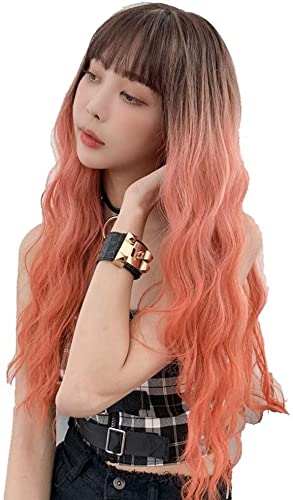 Perruque lace front de cheveux synthétiques ondulés couleur orange vif avec frange de 26 pouces