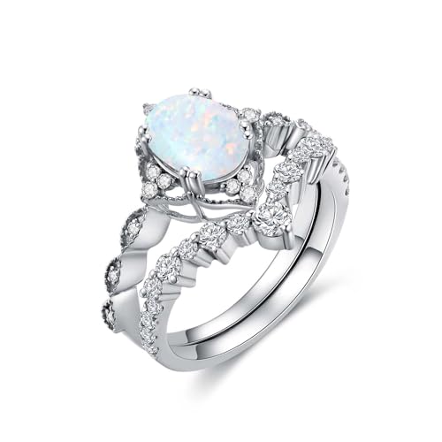 1.5ct Oval Opal Engagement Rings for Women Genuine Opal Rings Set 925 Sterling Silver 2pcs Vintage Inspired V Shaped Wedding Band Anniversary Promise Ring2