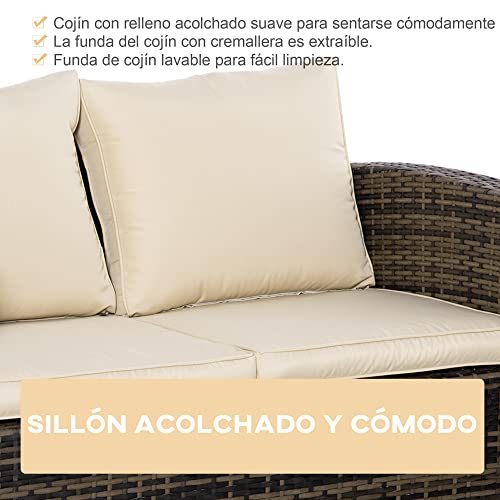 Outsunny Conjunto de Muebles de Jardín de Ratán 6 Piezas Sofá Doble Sofá de 3 Plazas 2 Sillones Individuales 2 Mesas Auxiliares con Almacenamiento y Cojines Acolchados para Exterior Marrón y Crema - imagen 4