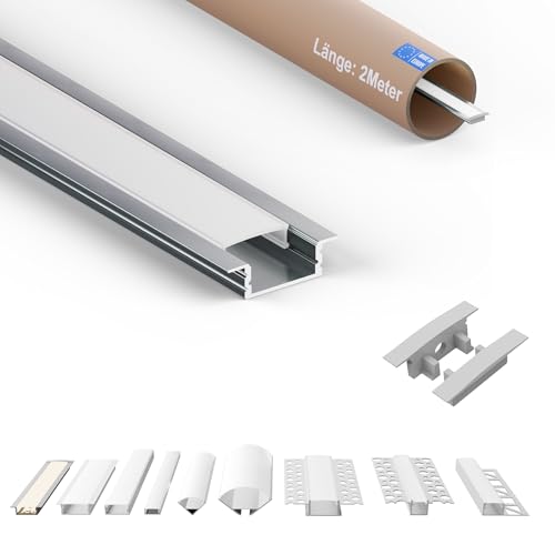 Tivendis Led Alu Profil 2 m EF Komplett Set für Strip/Streifen bis 12 mm breit | Abdeckung satiniert milchig Endkappen | Einbau Fußleisten Flachprofil eloxiert