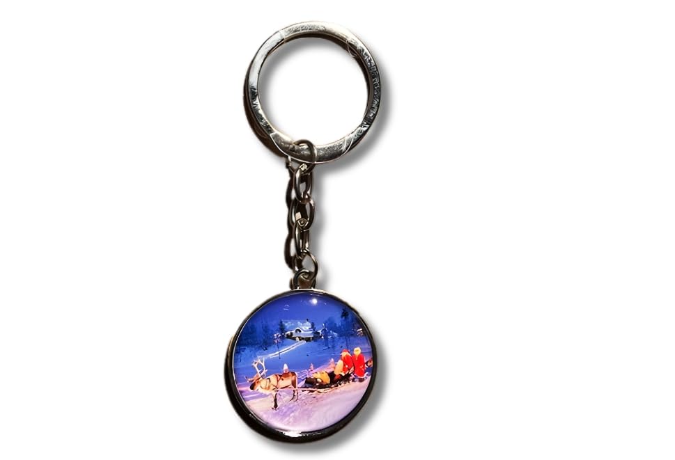 Generisch Porte-clés Finlande avec Père Noël et renne, motif paysage d'hiver, rond, argenté