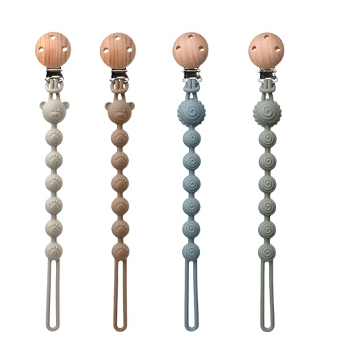 4 Pièces Attache Tetine, Accroche Tetine Bebe, Attache Silicone Garçon Fille, Sucette Mam 0-6 Mois (Marron/Gris/Bleu/Vert)