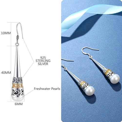 Real 925 Sterling Silver Vintage Drop Earring with Natural 6mm Freshwater Pearl Earrings for MetJakt Women's Fine Jewelry2