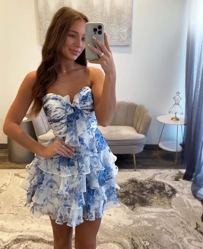Short Strapless Ruffle Homecoming Dresses for Teens with Bow 2025 Tiered Chiffon HOCO Cocktail Party Dress3