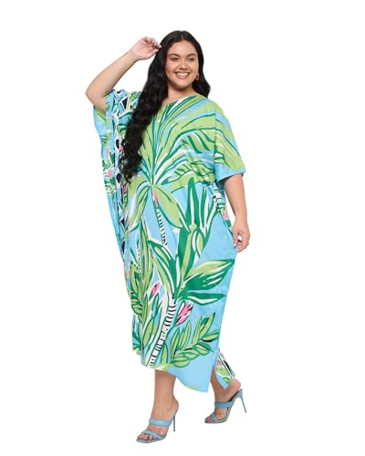 Image of Gypsie Blu Women Plus Size Kaftan Dress Beach Cover Up Maxi Dresses for Women, V-Neck Kimono Sleeve 1X-3X