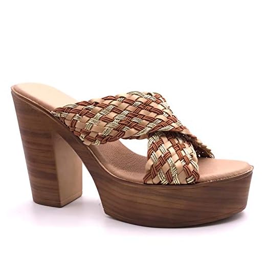 Angkorly - Damskor sko mule träskor – Böhmen – romantisk – hög klack – tjocka remmar – korsade remmar – stickad blockklack hög klack 11,5 cm, - Kamel - 40 EU