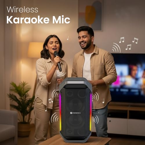Image of Portronics Dash 13 150W Portable Party Speaker with Wireless Karaoke Mic, 6 Hours Playtime, Bass Boost Technology, TWS Mode, RGB LED Lights, BT V5.3, USB /AUX in, Sturdy Metal Handles, Type C Charging