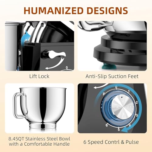 Dough Mixer 8.45 QT Electric Mixer - 660W 6 Speed Large Capacity Kitchen Stand Mixer with Whisk Dough Hook Mixing Beater Household Food Mixer for Baking Cakes Cookie Bread Salad(Black) - Image 4