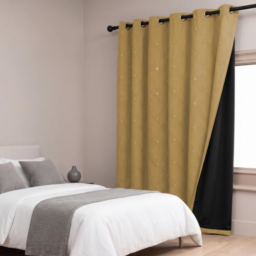 Image of LINENWALAS 100% True Blackout Long Door Curtains 9 Feet Long Set of 2 | Embossed Moonlight Design | Room Darkening Curtain | Thermal Insulated Curtains for Living Room (9 Feet, Golden Beige)