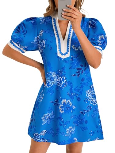 Wenrine Womens Summer Mini Dress Casual Floral Puff Sleeve V